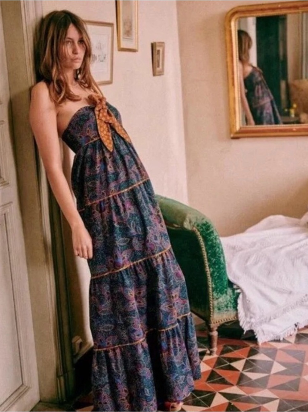 Sezane Navy Paisley Strapless Maxi Dress with Tan Bow